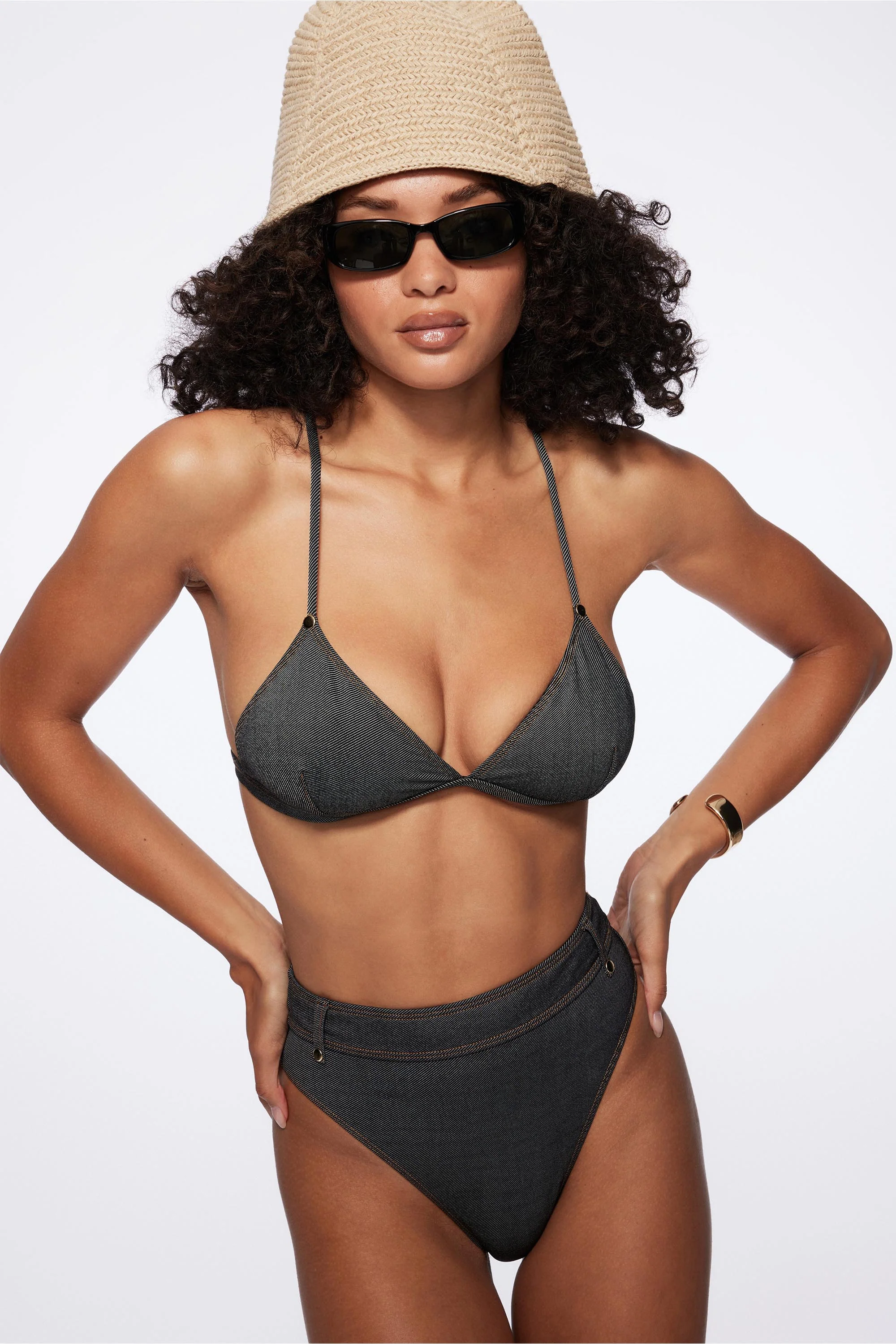 raw denim fixed triangle top in black denim - Image 4